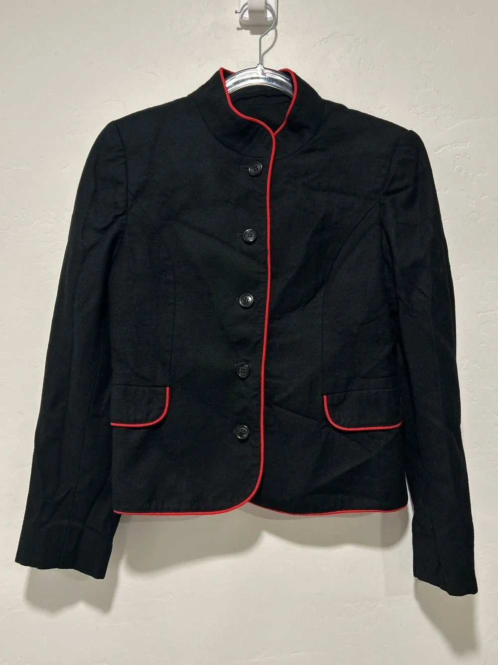 Vintage 60’s Handmacher 100% Wool Black Red Piping Blazer Jacket Size 6 EUC